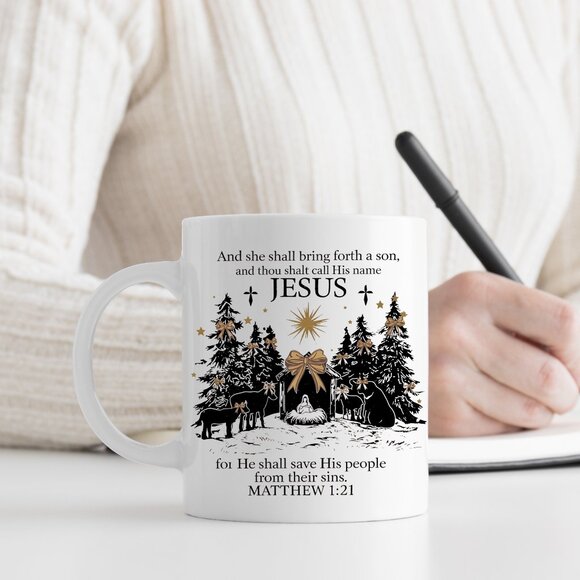 ✨ Jesus Nativity Scene Mug - Matthew 1:21 Scripture - 11oz White Ceramic Coffee - Picture 1 of 4
